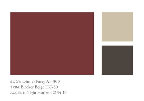 Benjamin Moore Dinner Party, Benjamin Moore Color Palette, Benjamin Moore Coventry Gray, Coordinating Paint Colors, Exterior Paint Color Combinations, Raspberry Truffle, Coventry Gray, Paint Color Combinations, Burgundy Paint