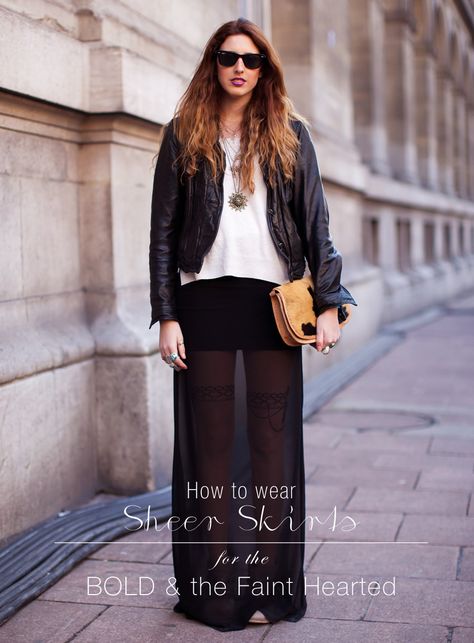 How to Wear Sheer Skirts for the Bold and the Faint at heart! | Sheer Skirt Outfit, Black Skirt Outfits, Sheer Maxi Skirt, Black Chiffon Dress, Stockholm Street Style, Street Style Shoes, Maxi Skirt Outfits, Black Maxi Skirt, Maxi Skirt Dress