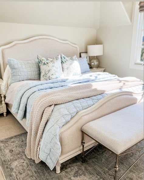 I freshened up my guest rooms for Spring and in this room, I chose this french country-dusty blue color pallete. It’s so warm and cozy. I’ve linked all the items in my @shopLTK You can follow me there and also on instagram @homewithhollyj for more styling tips, decor ideas and inspiration, recipes, tablescapes and more! White Cozy Bedroom, Glam Bedroom Inspirations, Powder Blue Bedroom, Baby Blue Bedding, Blue And White Bedrooms, Light Blue Comforter, Baby Blue Bedrooms, Vogue Decor, Light Blue Bedding