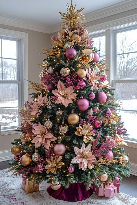 Spring Christmas Tree Decorations, Christmas Tree Ideas With Flowers, Pink And Red Candy Cane Christmas Tree, Multicolor Tree Christmas, Flower Christmas Tree Decoration, Color Theme Christmas Tree Ideas, Spring Tree Ideas, Aesthetic Christmas Tree Ideas, Christmas Decor Ideas Pink