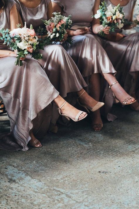 Dusky Pink Bridesmaid Dresses and Strappy Shoes Pink Satin Bridesmaid Dresses, Dusky Pink Bridesmaid Dresses, Dusky Pink Bridesmaids, Pink Satin Bridesmaid, Charlie Brear Wedding Dress, Asylum Chapel, Blue Bridesmaid Dresses Short, Wedding London, Indian Bridesmaid Dresses