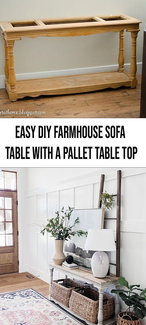 Sofa Table Refinishing Ideas, Tv Table Diy, Sofa Table Redo, Sofa Table Diy, Farmhouse Sofa Table, Pallet Table Top, Farmhouse Sofa, Oak Sofa, Refinished Furniture