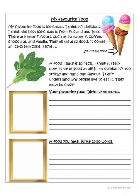 Writing - My favourite and least favourite food - English ESL Worksheets for distance learning and physical classrooms Favorite Food Worksheet, English Writing Skills Worksheets, Descriptive Writing Activities, Essay Writing Examples, College Essay Examples, Draw And Write, Batik Clothing, Spelling Worksheets, English File