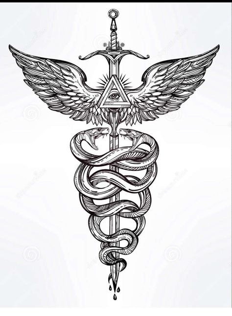 Mercury Illustration, Hermes Tattoo, Caduceus Tattoo, Photoshop Tattoo, God Mercury, Hospital Corpsman, Medical Tattoo, Caduceus Symbol, Optical Illusion Tattoo