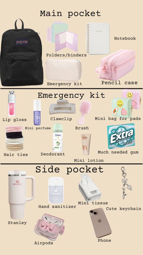 Trip Essentials Packing Lists, Middle School Essentials, Road Trip Kit, School Emergency Kit, Discover Aesthetic, Preppy School Supplies, School Backpack Essentials, School Routine For Teens, School Survival Kits