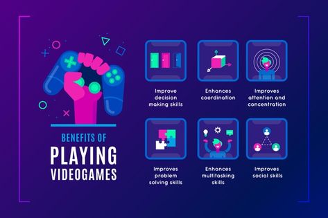 Benefits of playing videogames | Free Vector #Freepik #freevector Gaming Infographic, Game Infographic, Stats Design, Game Zone, Media Poster, People Icon, Flat Illustration, File Free, Multi Tasking