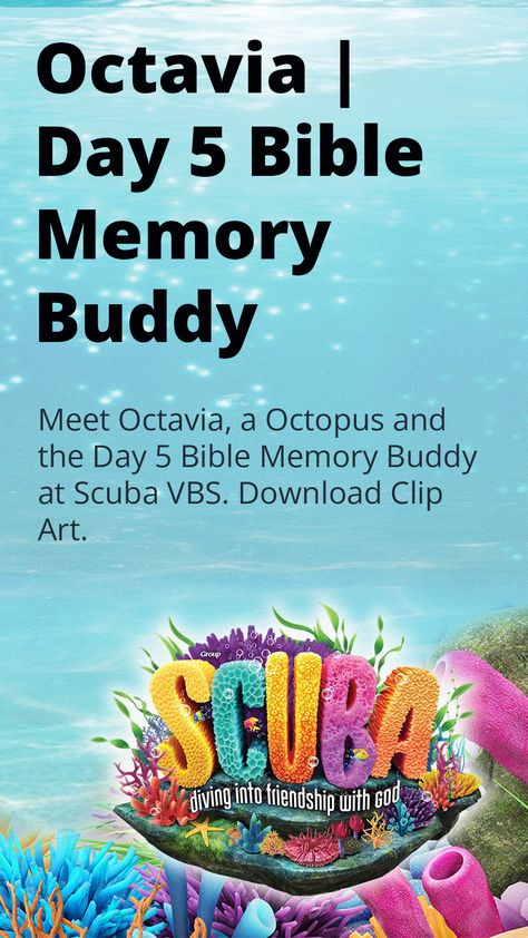 Meet Octavia, a Octopus and the Day 5 Bible Memory Buddy. Download Now! Scuba Shop, Ocean Vbs, Scuba Vbs, Imagination Station, Rock Videos, Ocean Decor, Vacation Bible School, Church Ideas, Whale Shark