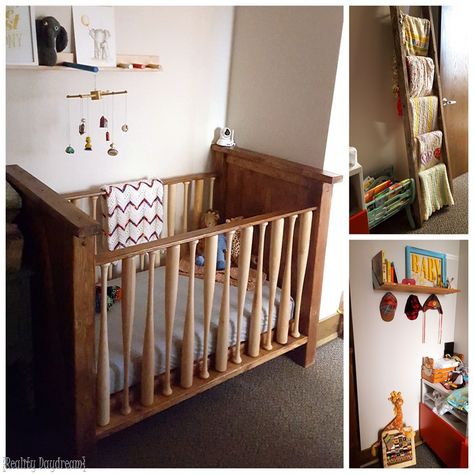 DIY Baby Crib... With BASEBALL BATS as the rungs! (Reality Daydream) Diy Baby Crib, Furniture Refinishing Techniques, Baby Crib Designs, Crib Safety, Handmade Crib, Crib Design, Diy Crib, Baseball Bats, Baseball Theme