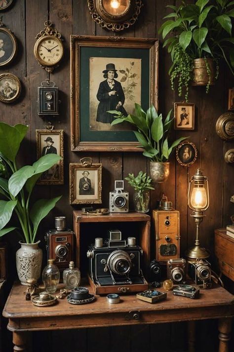 Decorating Display Cabinet, Rustic Boho Design, Old Fashion Decor, Vintage Plant Decor, Vintage Stuff Antiques, Apothecary Bedroom Ideas, Apocathary Aesthetic, Dark Academia Store, Plant Styling Ideas