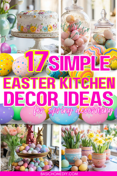 Simple Easter kitchen decor ideas for spring decorating to transform your kitchen with charming Easter decor ideas! Get modern DIY rustic farmhouse Easter decor ideas from kitchen island decor to dining table decor ideas and cabinet decorating get budget ways to add neutral Easter elegance with minimalist Easter decorations and counter decorations with the cutest Easter tablescape and pastel Easter eggs, bunny-themed Easter table centerpieces, and Easter tiered tray kitchen decor ideas. Rustic Easter Tablescapes, Easter Island Decor, Simple Easter Tablescapes, Easter Buffet Decor, Easter Kitchen Decor Ideas, Easy Easter Table Decorations, Easter Decorating Ideas For The Home, Easter Entryway Table Decor, Simple Easter Table Decor