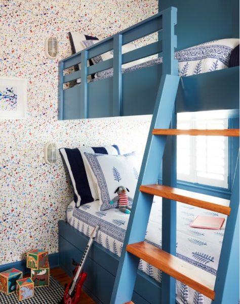 Kids Room  "This was originally designed to be a playroom, but the boys loved it so much it became their bedroom," Howard says. "The blue paint on the bunks helps mitigate the lack of natural light in the room. The kids treat the busy wallpaper like a sort of 'Where's Waldo?' game." Paint on bunks, Bedford Blue — Benjamin Moore; Bedding, Mrs. Howard; Wallpaper, Too Much Stuff — Flat Vernacular. Busy Wallpaper, Bunk Room Ideas, Diy Bunk Bed, Where's Waldo, Bunk Rooms, Kids Treat, Coastal Bedrooms, Enchanted Home, Room Paint Colors