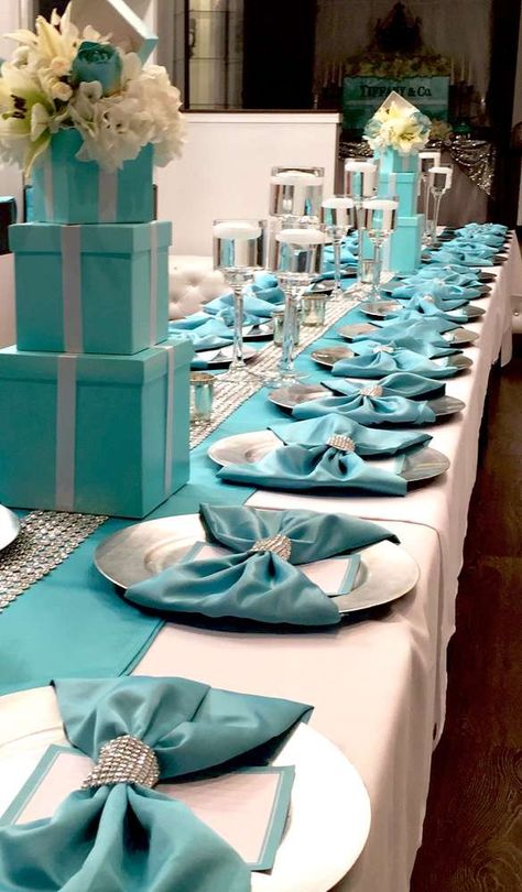 Breakfast At Tiffanys Party Ideas, Tiffany Birthday Party, Tiffany Birthday, Tiffany Theme, Tiffany Bridal Shower, Tiffany's Bridal, Tiffany Party, Tiffany Blue Wedding, Tafel Decor