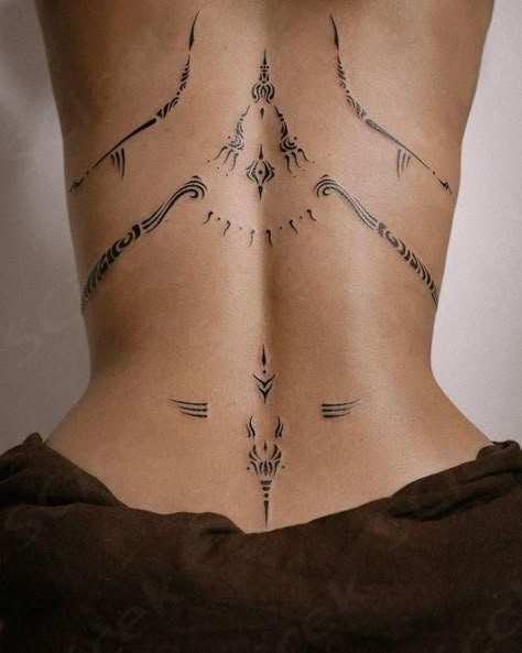 Back Pieces For Women Tattoo Beautiful, Chest Tattoo Female Ornamental, Down Back Tattoo Women, Ornamental Lower Back Tattoo Women, New Beginnings Tattoo Ideas, Fine Line Body Tattoo, Ceremonial Tattoos, Ornamental Lower Back Tattoo, Sumerian Tattoos