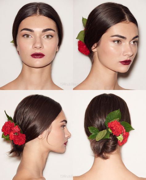 Simple Spanish Inspired Updo: Redken at Dolce & Gabbana Spring 2015 Spanish Hairstyles, Mexican Hairstyles, Bridget Bardot, Flowers In Her Hair, Athletic Hairstyles, Hair Dos, In Spanish, About Hair, Hair Updos