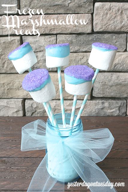 Fantastic Frozen Ideas | Yesterday On Tuesday Frozen Marshmallow Pops, Olaf Jello Cups, Frozen Food Ideas, Marshmallow Centerpieces, Frozen Marshmallow, Frozen Dessert Table, Frozen Party Invitations, Frozen Party Food, Dipped Marshmallows