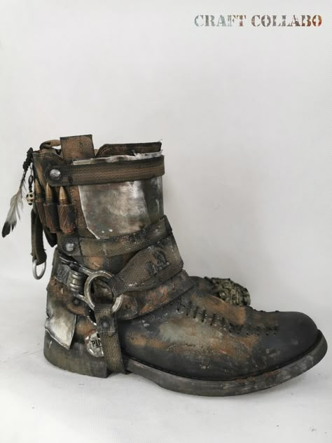 Post Apocalyptic Boots, Craft Boots, Dystopian Aesthetic Clothes, Wasteland Outfit, Warrior Boots, Wasteland Fashion, Post Apocalyptic Outfit, Post Apocalyptic Clothing, Wasteland Warrior