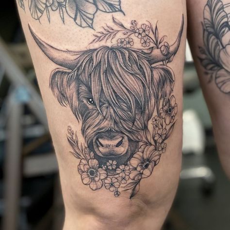 Moose Skull Tattoo For Women, Cow Skull With Barbed Wire Horns, Cow Skull Tattoo Flowers Sleeve, Country Leg Sleeve Tattoo, Bull Cow Tattoo, Animal Tattoos For Women Leg, Long Horn Cow Tattoo For Women, Tattoo Ideas Female Sleeve Country, Highland Cow Flower Tattoo