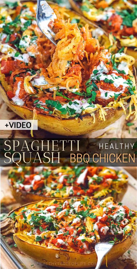 Looking for healthy spaghetti squash recipes with chicken? This healthy chicken spaghetti squash recipe is also low carb, dairy free, gluten free, whole30, paleo and easy to prepare. The sauce complements the baked spaghetti squash beautifully giving it a sweet and tangy flavor. Enjoy as it is, in a bowl or transform into a casserole . See video tutorial. #healthyspaghettisquash #spaghettisquashrecipes #bakedspaghettisquash #chickenspaghettisquash #roastedpaghettisquash #dairyfreespaghettisquash Easy Dinner Recipes Allergy Free, Whole 30 Recipes Spaghetti Squash, Spaghetti Squash Casserole Dairy Free, Whole30 Spaghetti Squash Recipes, Clean Eating Spaghetti Squash, Spaghetti Squash Recipes Healthy Chicken, Paleo Chicken Spaghetti Squash, Gluten And Dairy Free Spaghetti Squash Recipes, Fodmap Spaghetti Squash Recipes