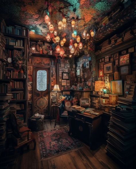 Witches Study Room, Spell Room Aesthetic, Wizard Interior Design, Fantasy Study Room, Small Study Room Ideas Cozy Library, Wizard Room Aesthetic, Fantasy Bookstore, Wizard Study, Wizards House