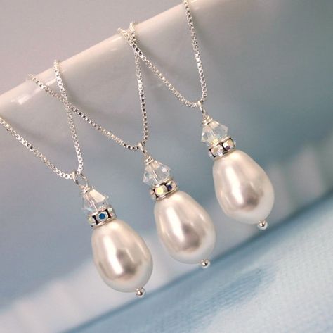 Swarovski White Drop Pearl Necklace Sterling by alexandreasjewels, $18.00 Drop Pearl Necklace, Pink Pearl Jewelry, Gold Bridesmaid Jewelry, Pearl Bridesmaid Jewelry, Bridesmaid Pearl Earrings, Flower Girl Jewelry, Silver Bridesmaid, Maid Of Honor Gift, Bridal Party Jewelry