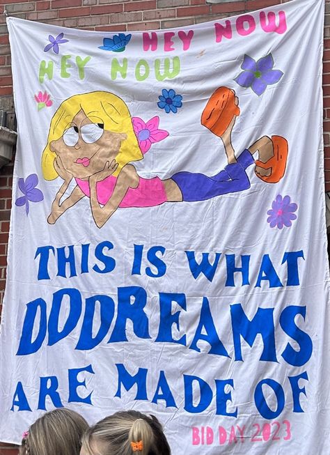 Lizzie Mcguire Bid Day Theme, Y2k Bid Day Banner, Best Bid Day Themes, Lizzie Mcguire Bid Day, 2000s Sorority Theme, Y2k Rush Theme, Disney Sorority Theme, Big Little Banner Ideas, Date Party Banners Sorority