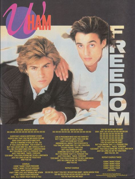 Wham! Freedom lyrics from Number One magazine Disco 80, 1980s Aesthetic, Andrew Ridgeley, George Michael Wham, Ready Player One, 80s Bands, Music Pics, All About, Wake Me