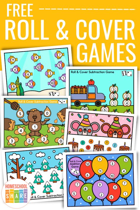 Roll and Cover Dice Games (free!) - Homeschool Share Dice Game For Preschoolers, Roll And Cover Preschool Free Printable, Roll And Count On Kindergarten, Fall Roll And Cover Preschool Free Printable, Roll And Cover Kindergarten Free, Halloween Roll And Cover Free, Roll And Add Dice Game, Pre K Games, Roll And Cover