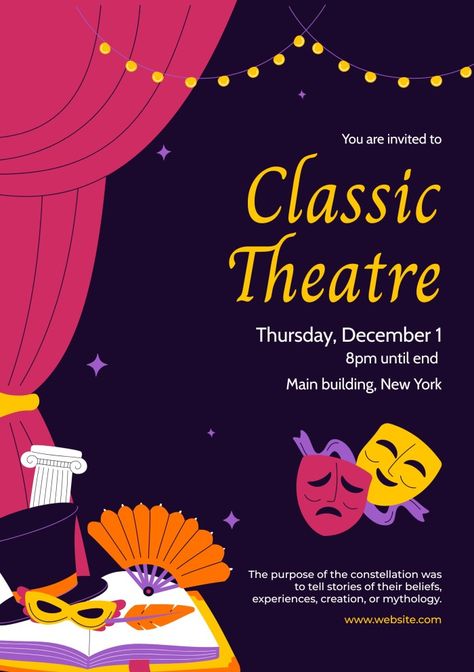 Theater Invitation Card, Theatre Invitation Design, Drama Background Design, Theater Festival Poster, Theater Play Poster Design, Play Posters Theatres, Royal Poster Design, Kids Play Stage, Theatre Marketing