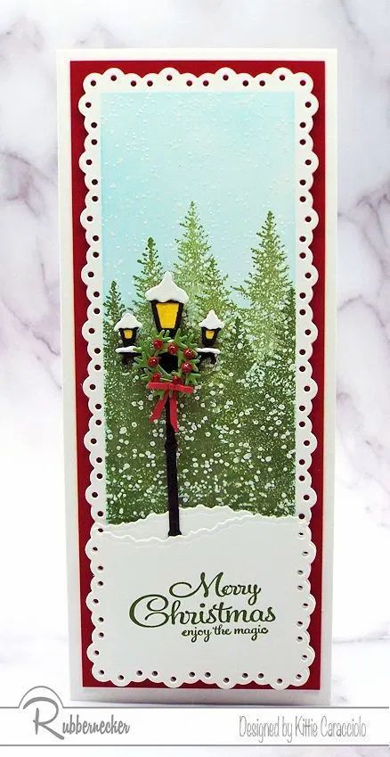 I just love how this handmade Christmas card on a slimline card base turned out. I used new slimline cardmaking dies from Rubbernecker, a fun snowy card technique and more die cuts to create it. Click through so you can get some insider tips on how to make your own! Handmade Christmas Cards, Slimline Cards, Diy Christmas Cards, Card Making Techniques, Winter Scene, Original Card, Card Layout, Christmas Cards Handmade, Paper Crafts Cards