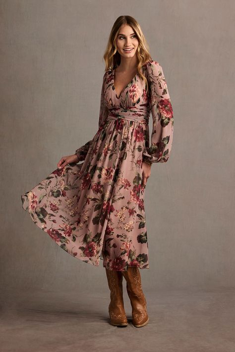 Our Stevie Midi Dress is the perfect day-to-night style. This floral chiffon beauty features a V-neckline, sheer puff sleeves, and a flowy A-line skirt with pockets, cut in a flattering midi-length. Wear Stevie to your next birthday celebration, cocktail event or wedding reception. Dress To Wear To Fall Wedding, Womens Fall Dresses Wedding, Floral Dress Outfits Casual, Wedding Guest Dress Flowy, Long Sleeve Modest Dress, Fall Dresses 2024, Women’s Dresses, Mountain Chic Wedding Guest Attire, Tall Boots With Dress