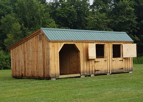 Two stalls each come with a dutch door in this stall barn. Rodeo Arena, Garbage Shed, Barn Plan, Horse Barn Plans, Run In Shed, Roofing Options, Siding Options, Shingle Colors, Shed Kits