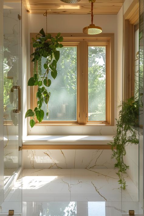 Serene Natural Light Bathroom • This bright bathroom embraces natural light with large windows framed by warm wood. • Hanging plants add a touch of greenery, creating a fresh and inviting atmosphere. • The elegant white and gold marble surfaces bring a touch of luxury to the space. • A rainfall showerhead and minimalist fixtures add to the modern, clean design. • Perfect for relaxing in a serene, nature-inspired retreat. Bathroom Garden Window, Natural Light Bathroom, White And Gold Marble, Trailer House, Window Bathroom, Bathroom Marble, Window In Shower, Bright Bathroom, Serene Nature