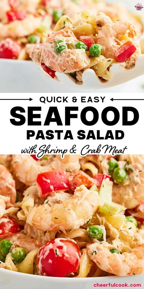 Dive into our crowd-pleasing Seafood Pasta Salad! Loaded with succulent shrimp, juicy crab meat, and fresh, vibrant veggies, it's sure to make your next party a hit. #cherrfulcook #pastaSalad #seafoodpastasalad #shrimp #lumpcrabmeat #easyrecipe Pasta Seafood Salad Recipes, Shrimp And Crab Pasta Salad Cold, Creamy Seafood Pasta Salad, Chicken And Shrimp Pasta Salad, Shrimp Pasta Cold, Sea Food Pasta Salad, Prawn Pasta Salad Cold, Pasta Shrimp Salad Recipes, Crab Meat Pasta Salad