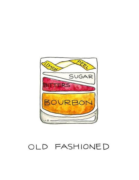 Cocktail illustration. Old Fashioned Old Fashioned Tattoo Drink, Old Fashioned Cocktail Illustration, Old Fashioned Drink Tattoo, Old Fashioned Cocktail Drawing, Old Fashioned Cocktail Tattoo, Bourbon Illustration, Old Fashion Drink Recipe, Penicillin Cocktail, Cocktail Tshirt