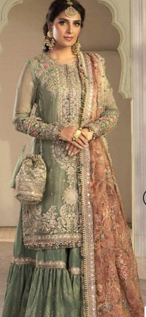 chiffon with  cotton silk gharrara embroidered Pakistani dress salwarr kameezgharrara style made on custom order outfit. Pink Gharara, Gharara Designs, Asian Clothes, Dark Fairycore, Desi Fits, Pakistani Wedding Dress, Desi Outfits, Maria B, Chiffon Collection