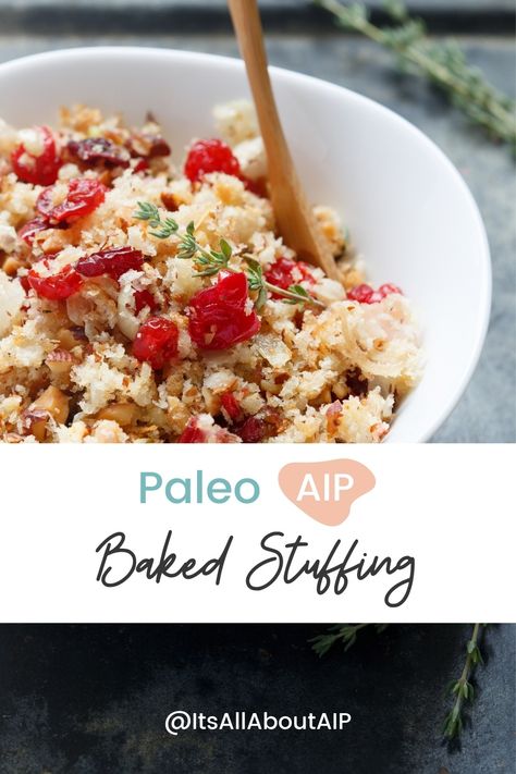 Looking for an allergy-friendly stuffing for your upcoming holiday dinner? This easy side dish is not only gluten free and grain free, but is also compliant with the elimination phase of the paleo autoimmune protocol. Perfect for Thanksgiving and Christmas, this Paleo AIP Baked Stuffing is also egg free, and nut free! Happy holiday baking! Aip Stuffing, Baked Stuffing, Autoimmune Protocol Diet Recipes, Plantain Bread, Holiday Stuffing, Autoimmune Diet Recipes, Paleo Autoimmune Protocol, Autoimmune Paleo Diet, Autoimmune Paleo Recipes