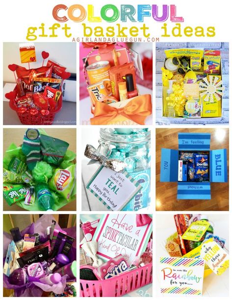 Bff Birthday, Themed Gift Baskets, Diy Gift Baskets, Birthday Gift Baskets, Cute Birthday Gift, Cadeau Diy, Gift Basket Ideas, Birthday Gifts For Best Friend, Colorful Gifts