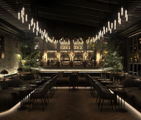 Dark Luxury Restaurant, Black Bar Interior Design, Dark Restaurant Interior, Brunch Restaurant Design, Alchemy Restaurant, Boho Restaurant, Dark Restaurant, Luxury Restaurant Interior, Speakeasy Decor