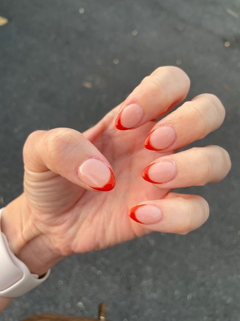 Narrow French Tip Nails, Burnt Orange Tip Nails, Dark Orange French Tip, Fall Burnt Orange Nails, Dark Orange French Tip Nails, Burnt Orange French Tip, Burnt Orange French Tip Nails, French Tips Fall, Fall Nails French