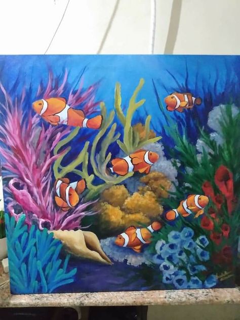 Coral Fish Painting, Aquarium Art Painting, Aquarium Painting Ideas, Aquarium Fish Drawing, Aquarium Painting Acrylic, Ocean Conservation Art, Painting Ideas Underwater, Under Ocean Painting, Underwater Art Painting