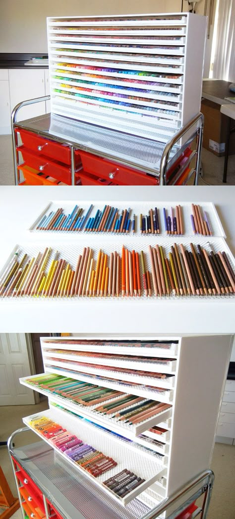 Art Rack Storage, Artist Pencil Storage, Diy Pencil Storage, Art Pen Storage, Horizontal Marker Storage, Diy Art Organizer, Color Pencil Storage Ideas, Colored Pencil Organizer, Pen Storage Ideas Organizers