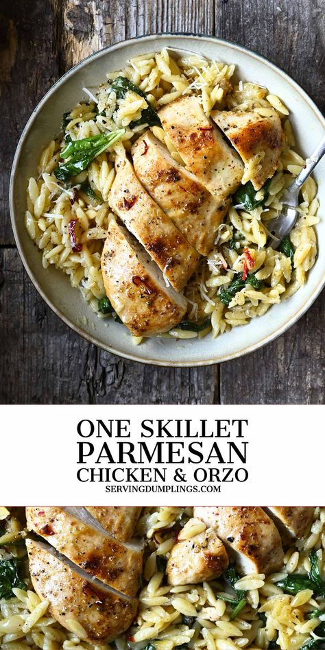 One Skillet Parmesan Chicken and Orzo - Serving Dumplings Wholesome Chicken Dinner, Chicken Breast And Orzo Recipes, Lunch Ideas For Entertaining Friends, Dumplings Recipe Chicken, Chicken And Orzo Recipes, One Pan Dinners Chicken, One Pan Chicken Dinner, Orzo With Chicken, Serving Dumplings