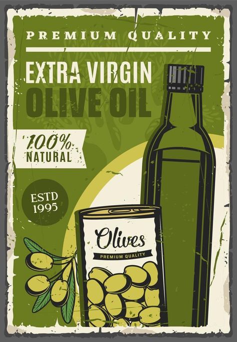 Organic olive oil extra virgin bottle and pickles Oil Poster Design, Can Illustration, Olive Oil Extra Virgin, Olive Oil Bottle, Marinated Olives, Agriculture Farming, Olive Oil Bottles, Vintage Products, Organic Olive Oil