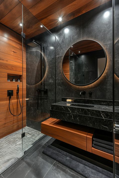 Transform your space with these stunning modern bathroom ideas! Elegant black marble and rich wood accents create a luxurious feel. Elevate your home design with contemporary fixtures and chic lighting. #ModernBathroom #HomeDesign #BathroomInspo Black Washroom, Cute Pantry, Black Sink Bathroom, Bathroom Ideas Elegant, Marble Bathroom Counter, Black Marble Bathroom, Bathroom Organization Ideas, Humble House, Modern Bathroom Ideas