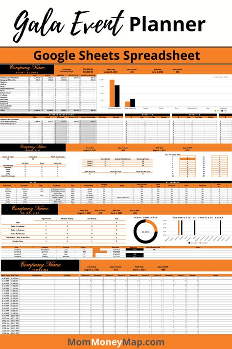 gala event planner Gala Planning Timeline, Google Sheets Planners, Small Event Space Design, Gala Planning, Arch Flowers Wedding, Spreadsheet Design, Party Timeline, Wedding Planner Checklist, Event Budget