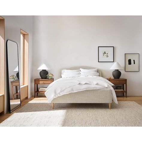 Lafayette Natural Upholstered King Bed, Lafayette Bed Crate And Barrel, White Upholstered Bed Frame, Bed Frame Decor, Beige Headboard Bedroom, Upholstered King Bed Frame, White Upholstered Bed, Upholstered Queen Bed Frame, Upholstered Full Bed