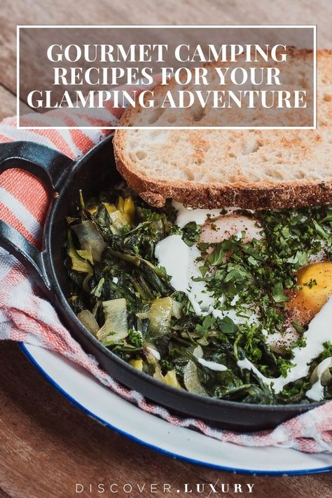 Gourmet Camping Recipes for Your Glamping Adventure.  Take your family camping to a new level with glamping for everyone and don't leave the fine dining behind.  #glamping #gourmetrecipes Gourmet Camping Recipes, Glamping Dinner, Gourmet Camping Food, Glamping Recipes, Campfire Dinner Recipes, Camp Cooking Recipes, Campfire Dinners, Camping Food List, Healthy Camping Food