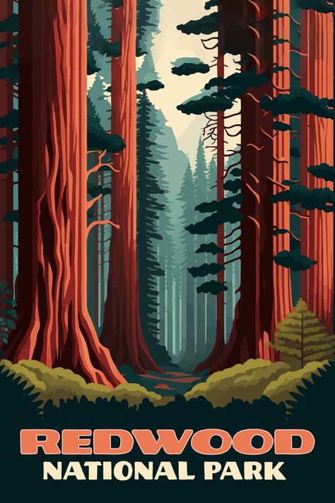 Redwood National Park California Trees Poster Redwood National Park Poster, Redwood Forest Illustration, Retro Tree Illustration, Vintage Forest Illustration, Redwood Forest Painting, Redwood Illustration, Redwood Tree Painting, Redwood Tree Drawing, National Parks Aesthetic