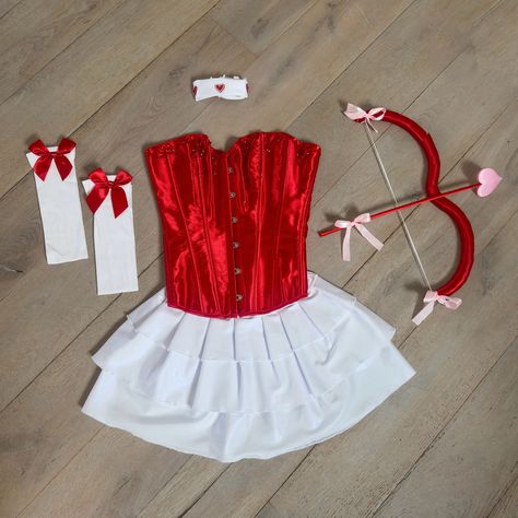 Stupid Cupid 💘 Full outfit available under the Halloween tab linked in bio. #cupid #cupidcostume #halloweencostume #halloween Cupid Costume Diy, Red Corset Outfit, Cupid Halloween Costume, Cupid Halloween, Cupid Costume, Layer Skirt, Corset Outfit, Bow Arrow, Red Corset