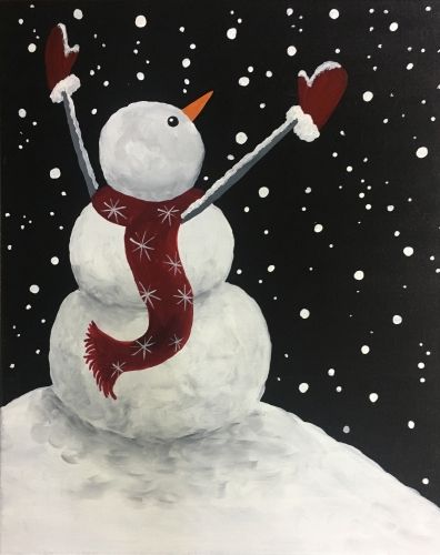 Snowmen At Night, Christmas Paintings On Canvas, Paint Nite, Paint Night, Snowman Painting, Winter Painting, Acrylic Painting Tutorials, Canvas Easy, Christmas Canvas